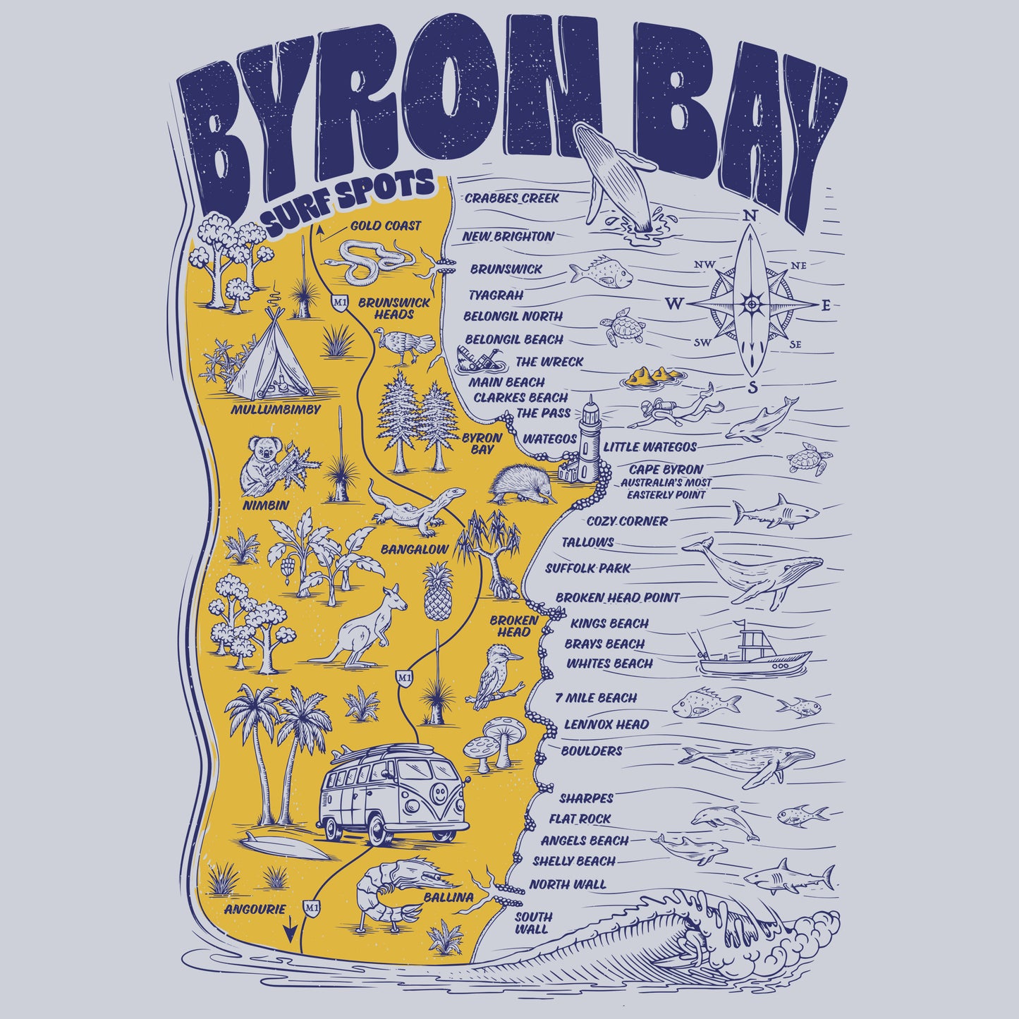 Byron Bay Surf Spots T-shirt - Powder Blue