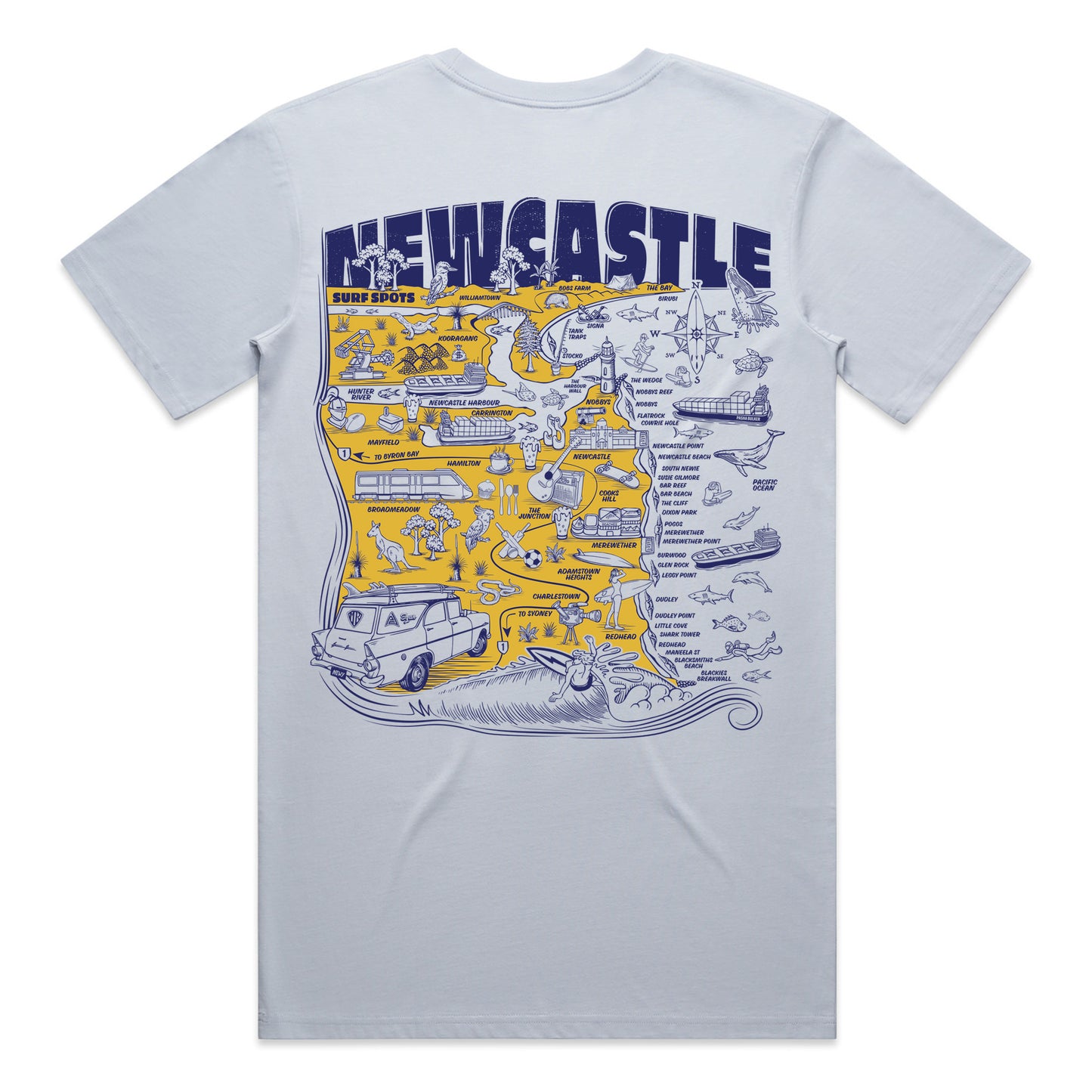 Newcastle Surf Spots T-shirt - Powder Blue