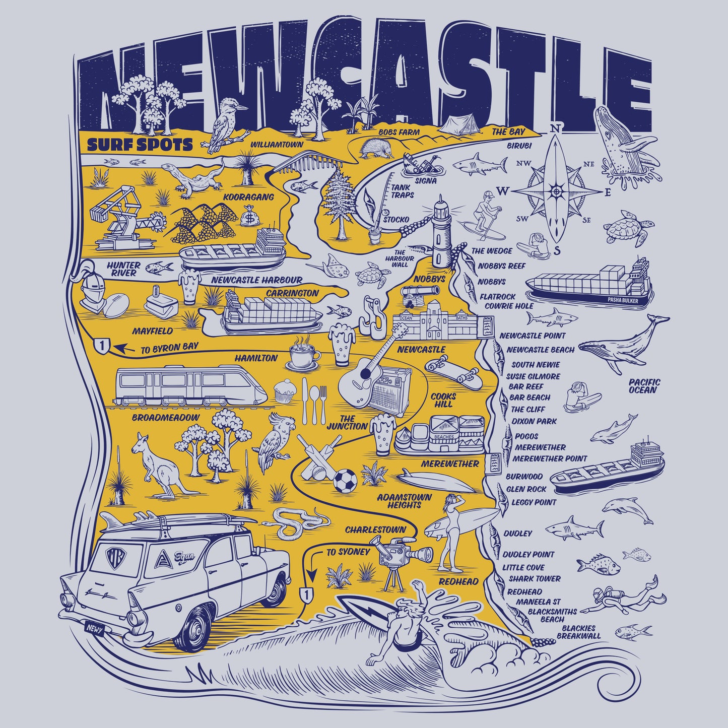 Newcastle Surf Spots T-shirt - Powder Blue