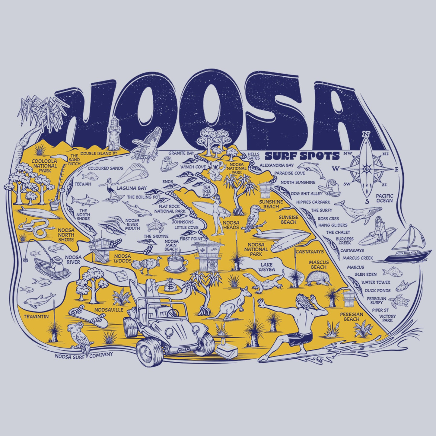 Noosa Surf Spots T-shirt - Powder Blue