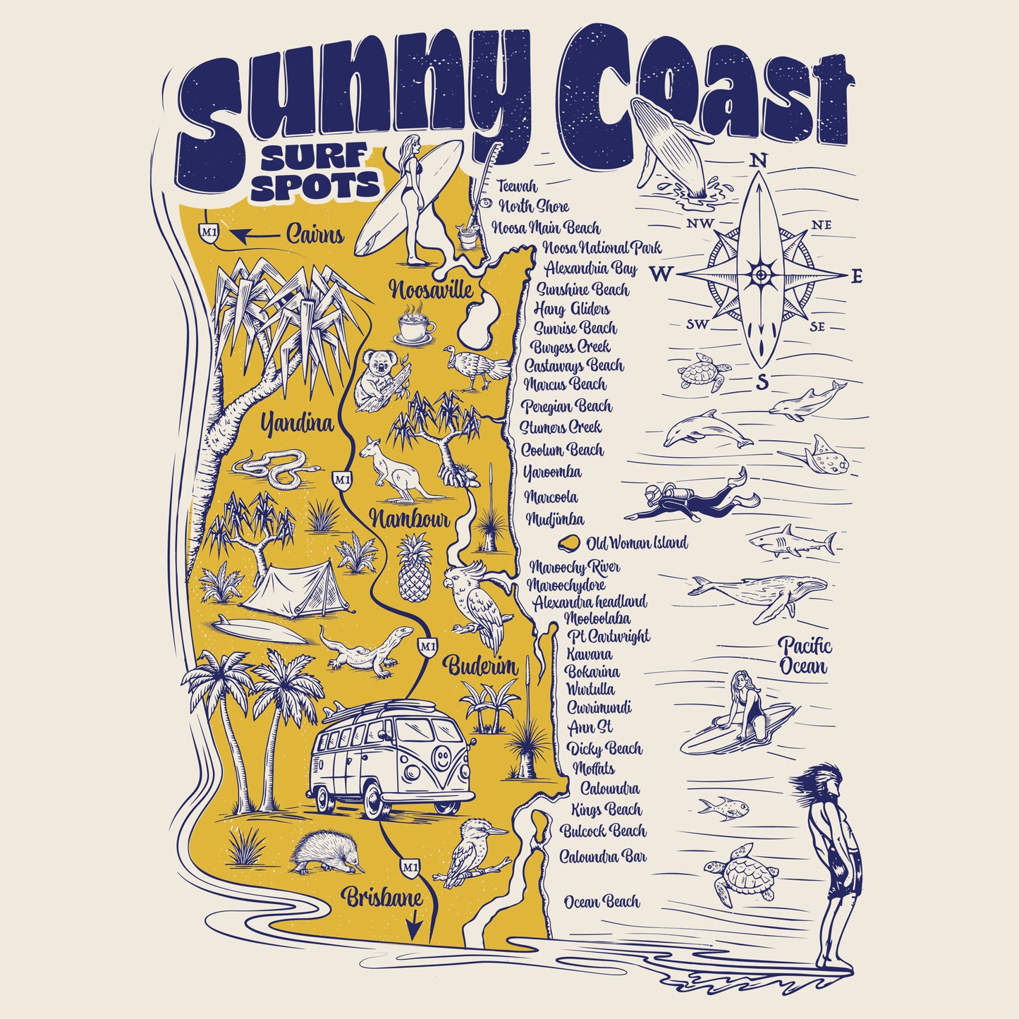 Sunny Coast Surf Spots T-shirt - Natural