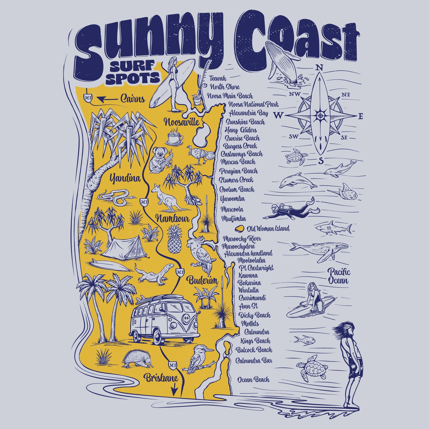 Sunny Coast Surf Spots T-shirt - Powder Blue